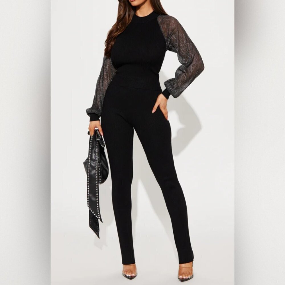 Two Piece Sweater Pant Set with Chiffon Sleeves